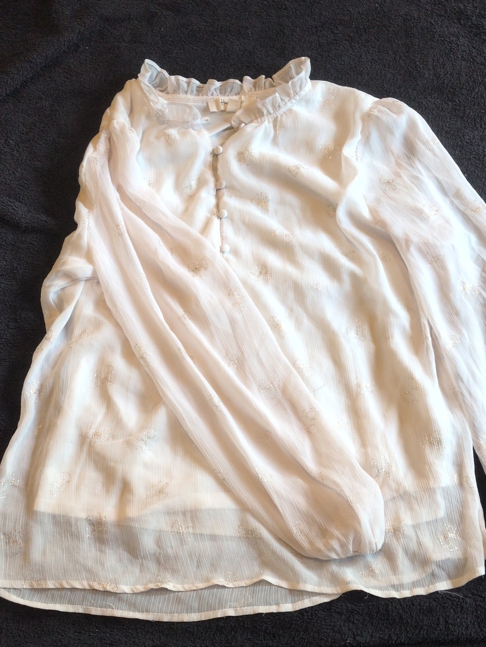Women’s White Ruffle-Neck Blouse with Subtle Metallic Detail
